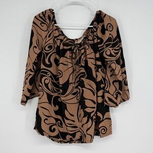 Hilo Hattie Original Hawaiian Tunic Top Womens Large Brown Black Vacation Resort